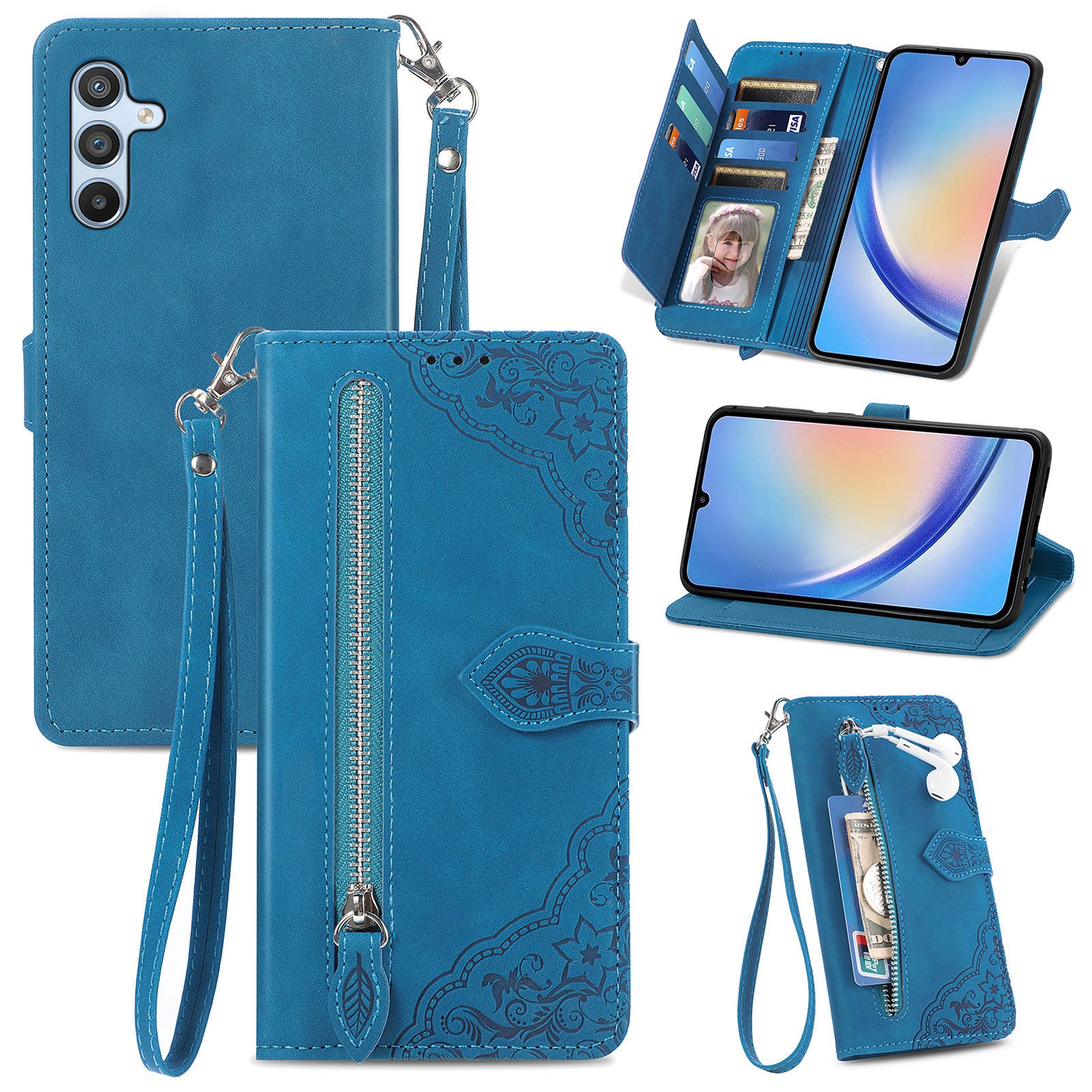 For Samsung Galaxy A35 5G Case Zipper Pocket Purse Flower Imprinted Leather Phone Cover For Samsung Galaxy A35 5G Case Zipper Pocket Purse Flower Imprinted Leather Phone Cover